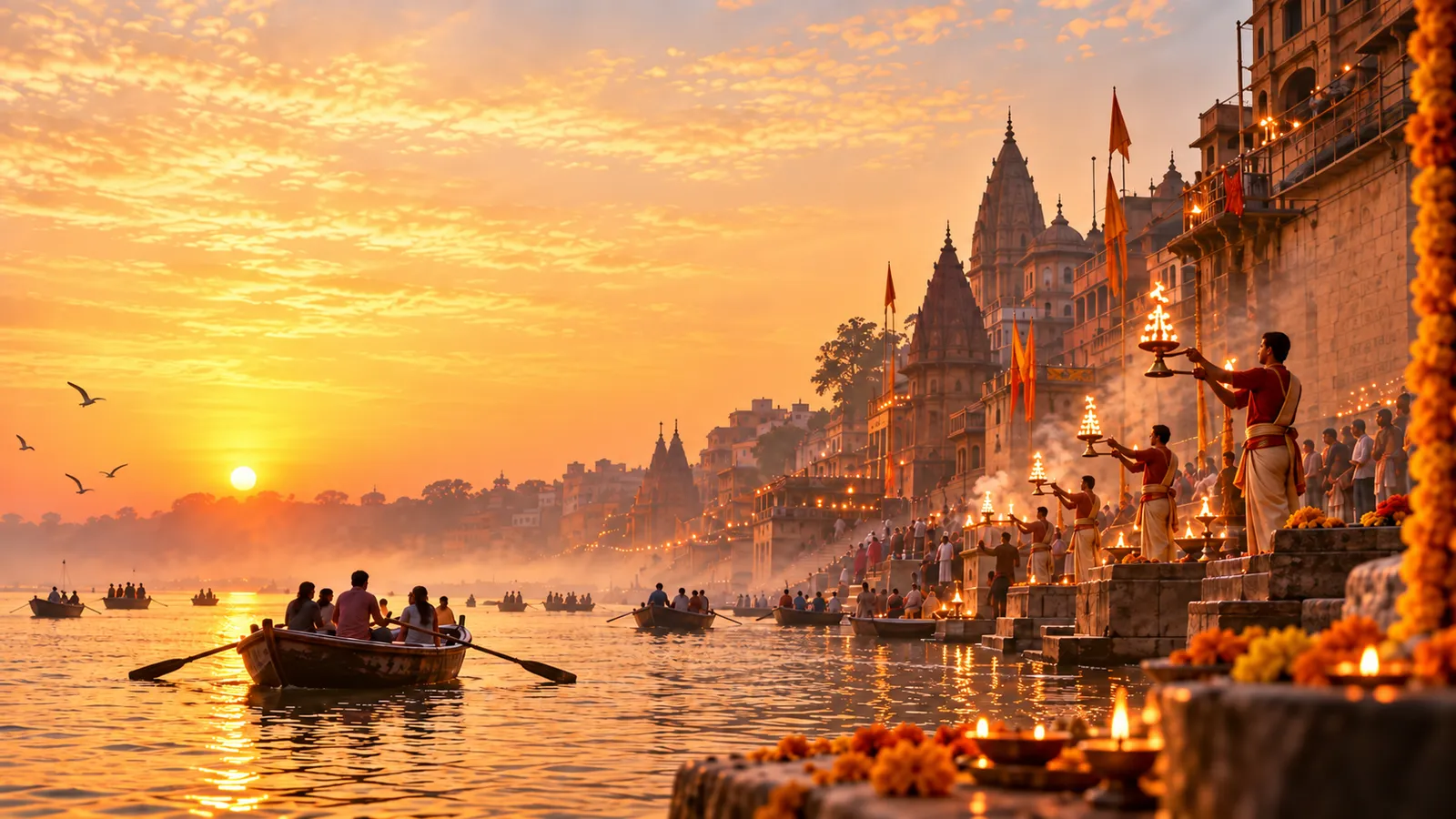 Boats on the Ganges in golden light