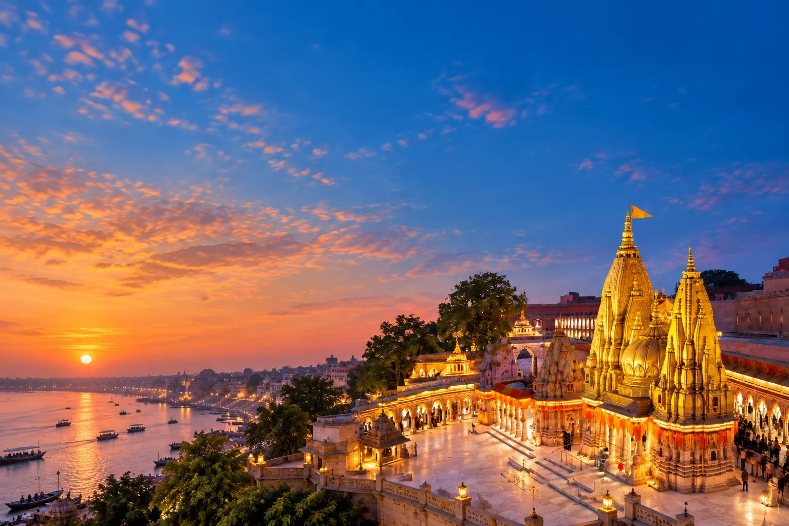 Golden temple spires at sunset