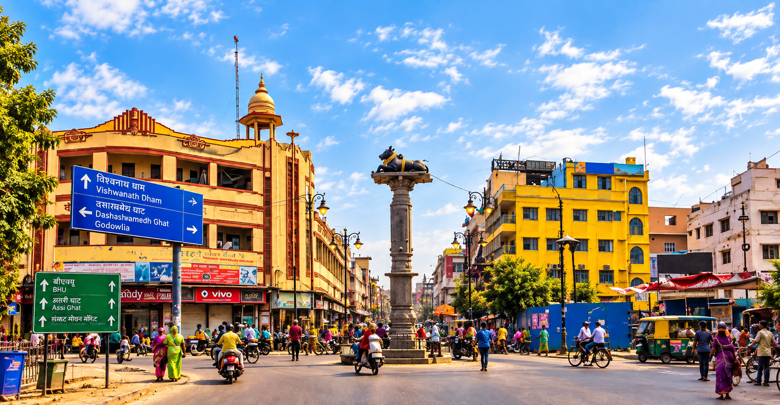 Busy Varanasi city street with local shops and traffic