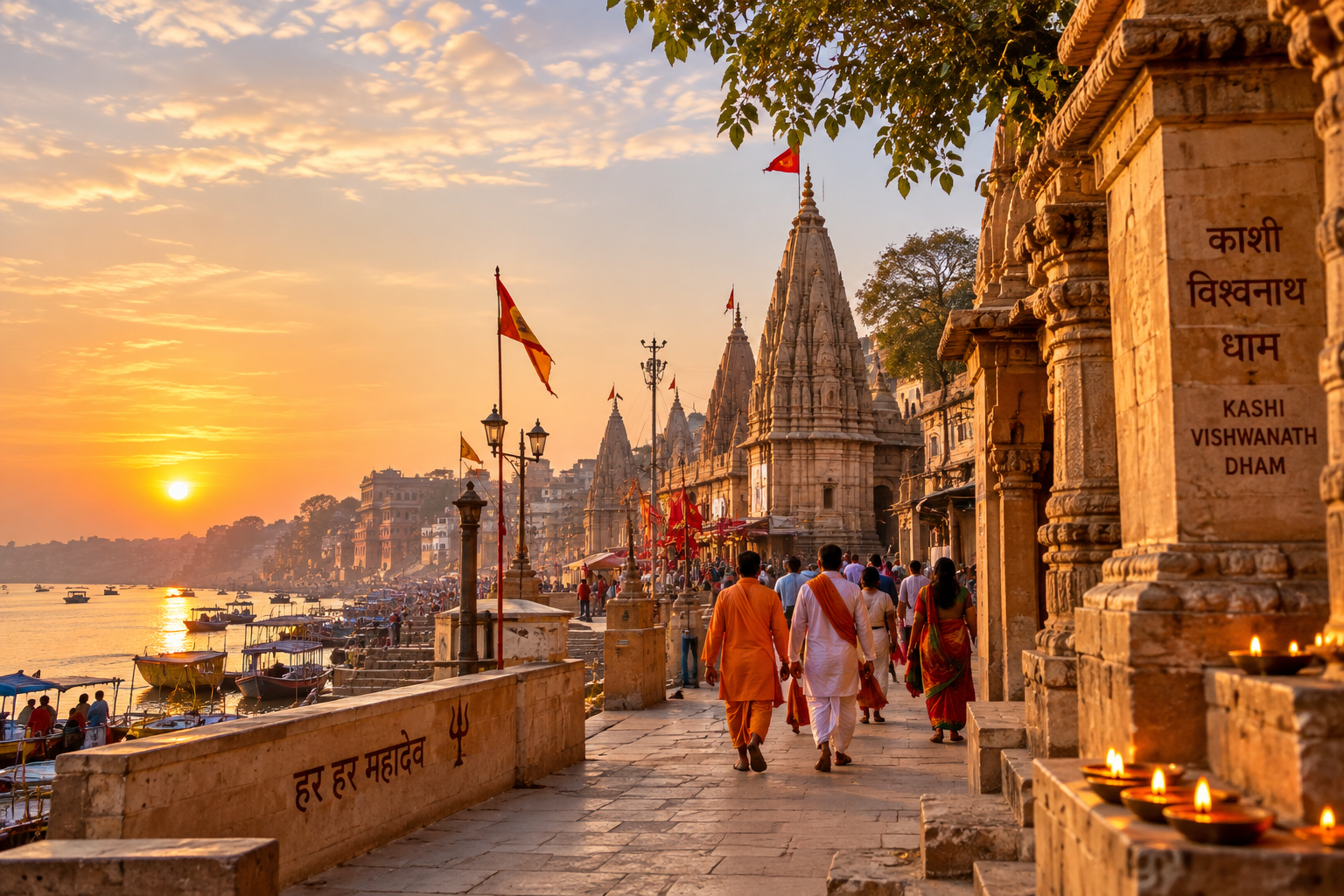 Visitors walking beside temples along the Ganges